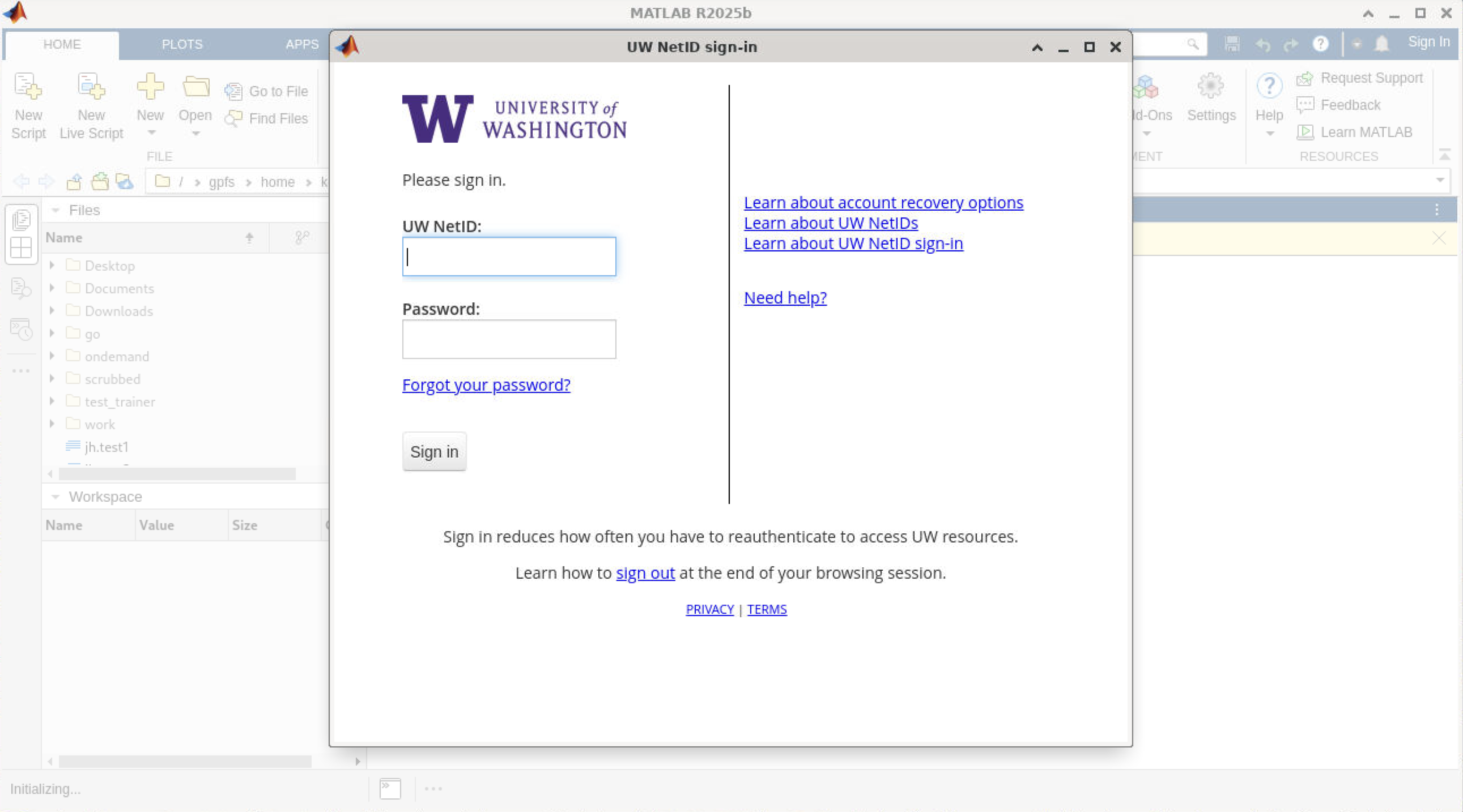Screenshot of MATLAB account authentication using UW NetID with GUI.