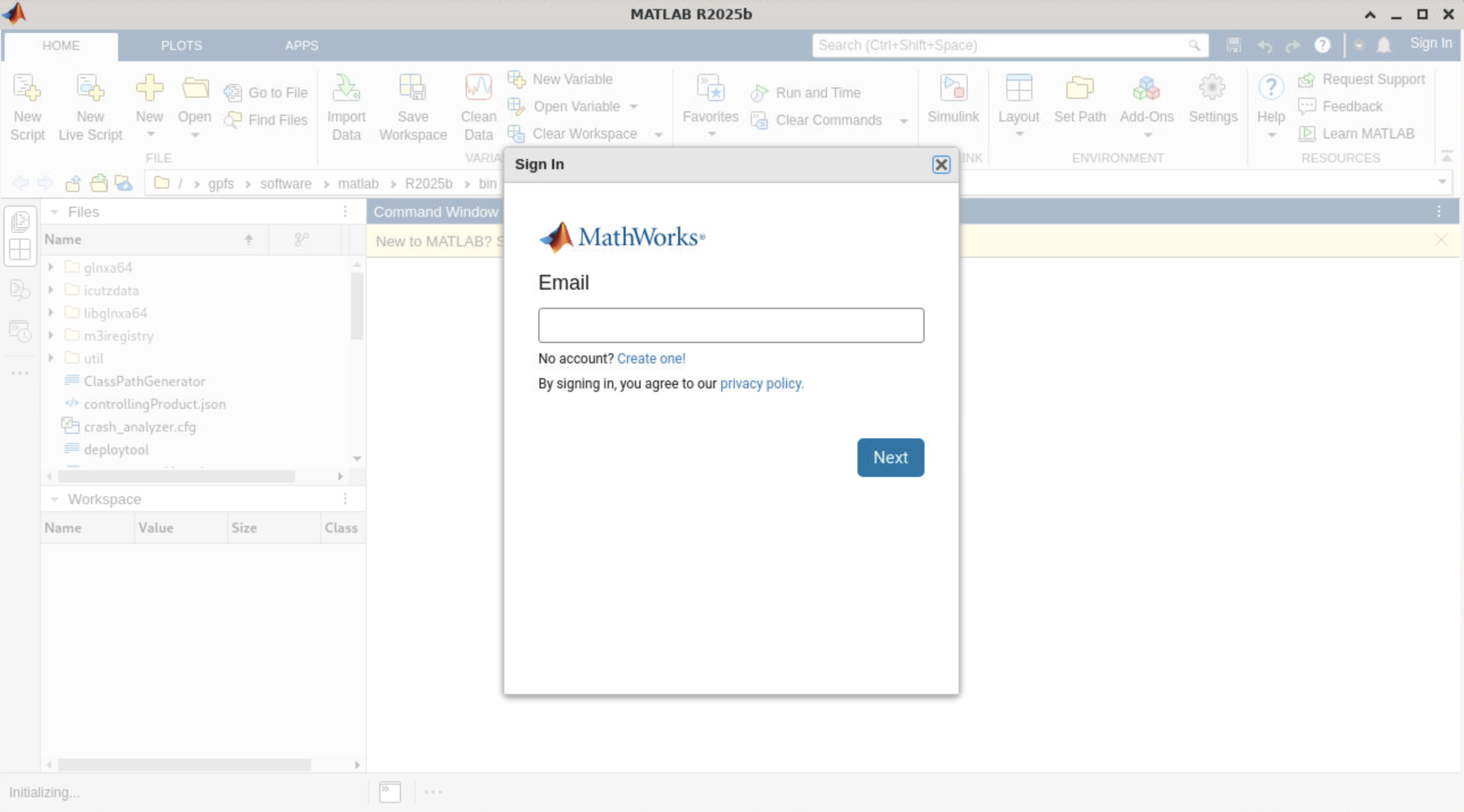 Screenshot of MathWorks MATLAB account signing in with GUI.