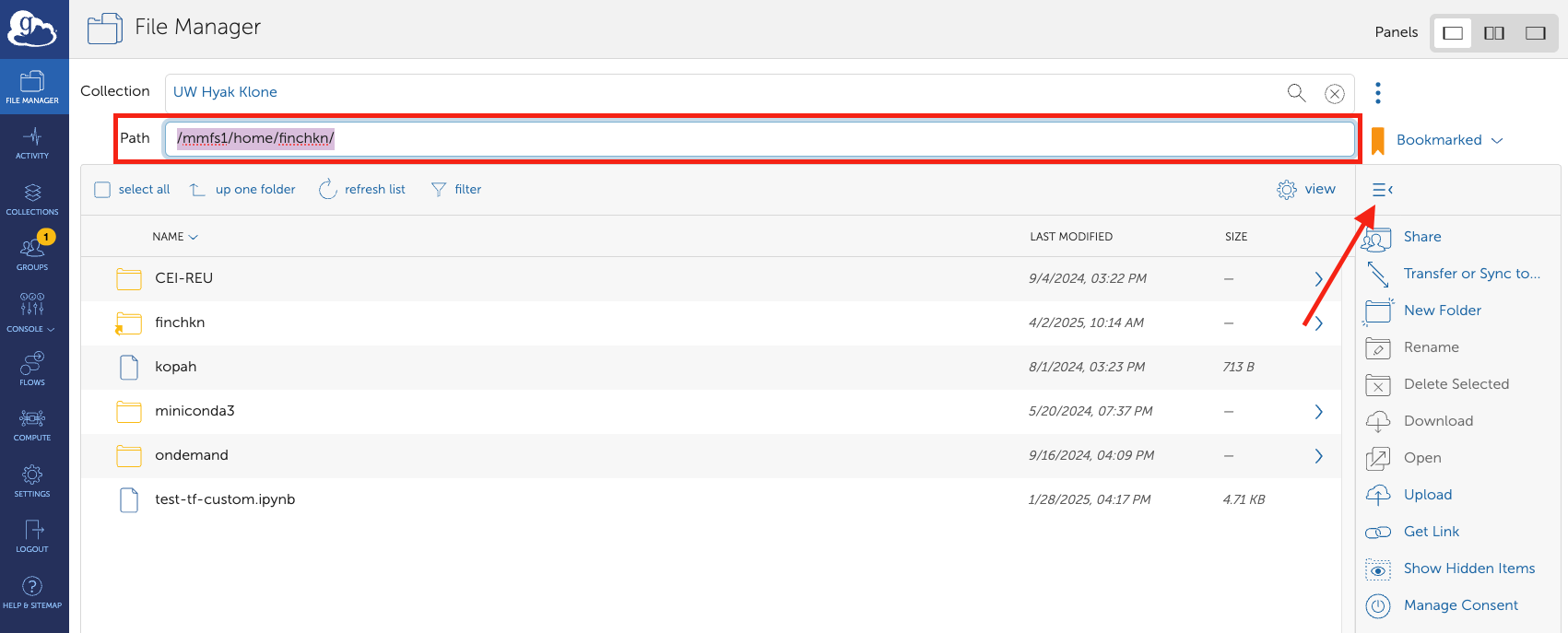 Image shows the user's home directory by default and indicates the three-lines menu with helpful features. The path can be edited.