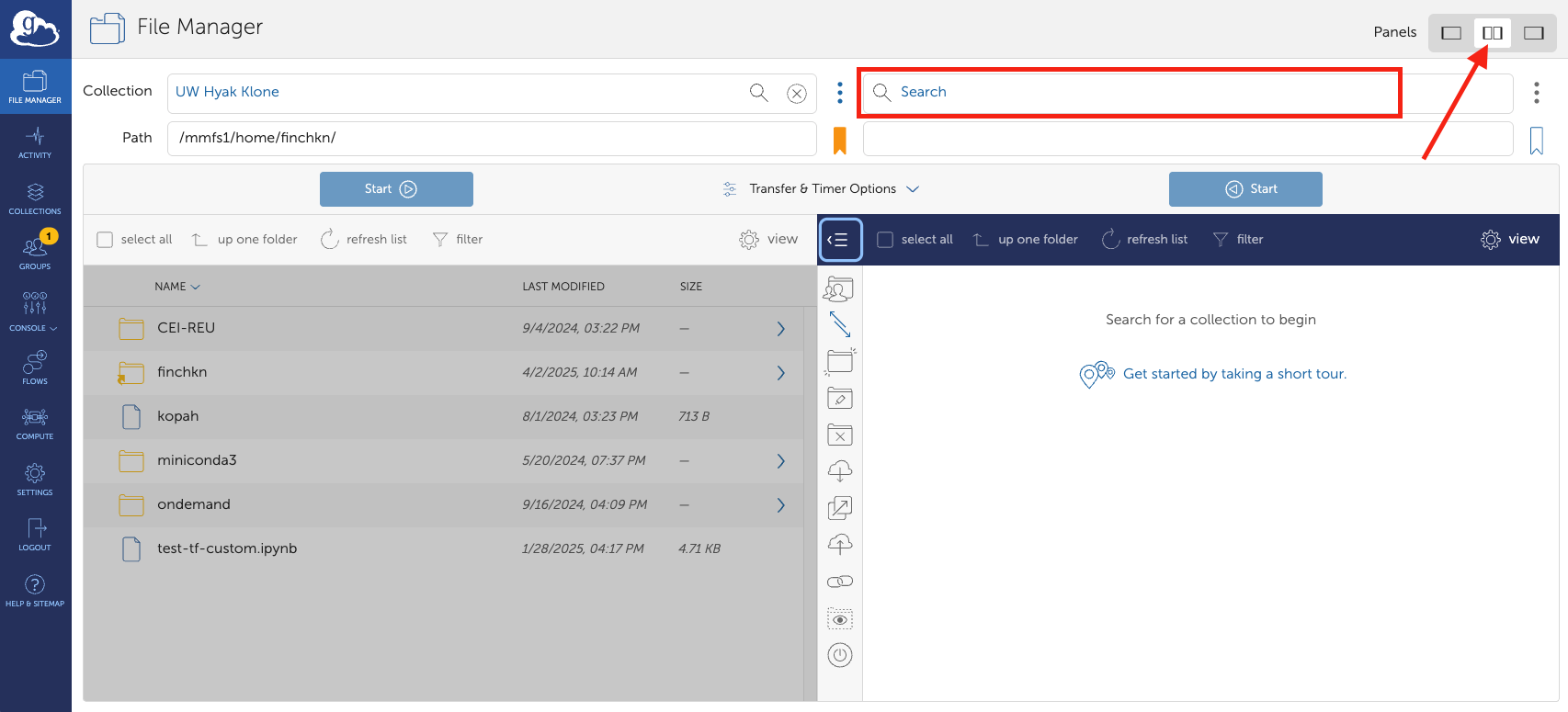 Image shows file manager two pane view where another collection can be viewed and used to perform transfers.