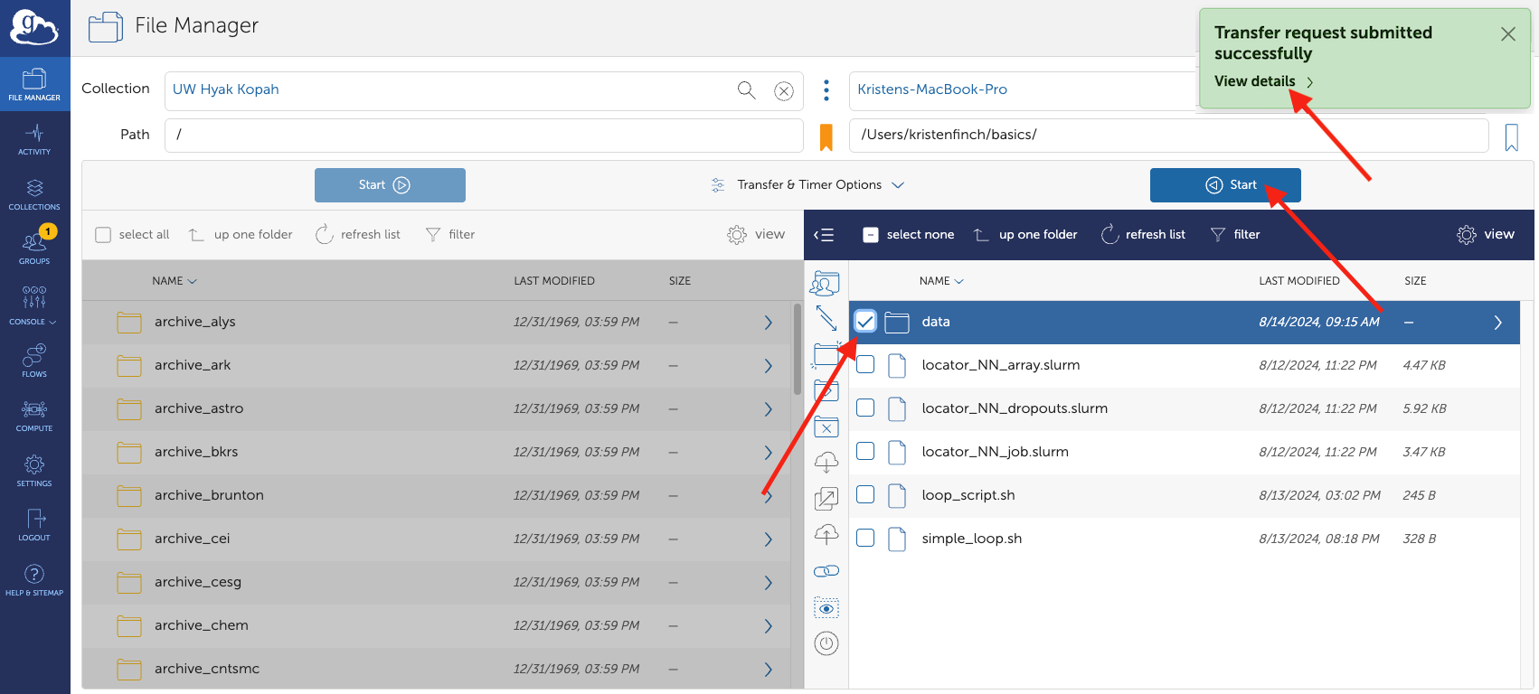 Image shows how to select a file with the check box, start the transfer with the start button, and view transfer details as needed.