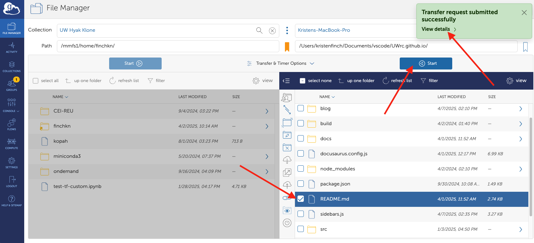 Image shows how to select a file with the check box, start the transfer with the start button, and view transfer details as needed.